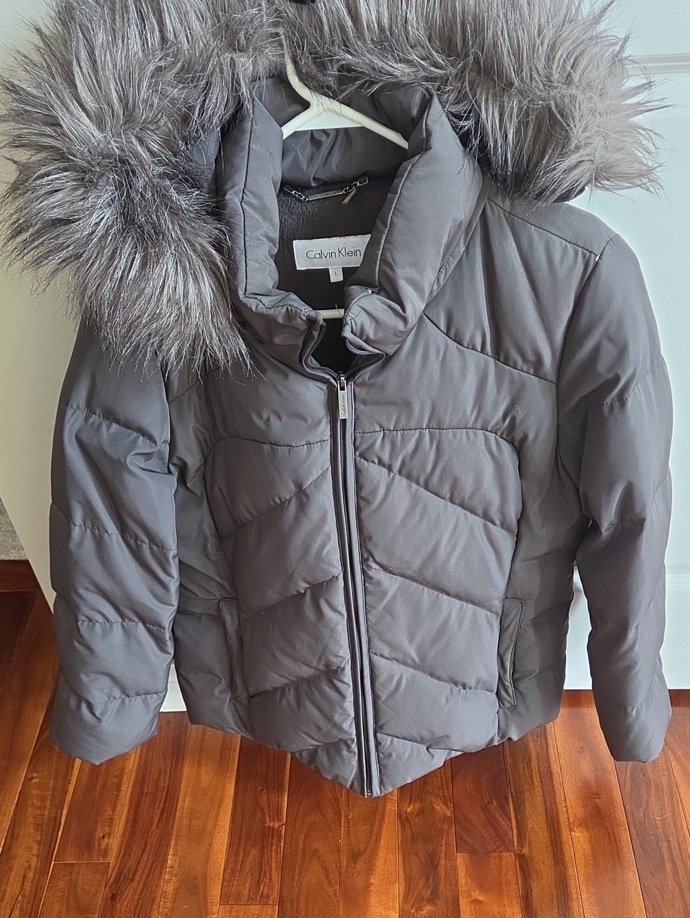 Calvin Klein Girls' Gray Puffer Coat with Faux-Fur Hood